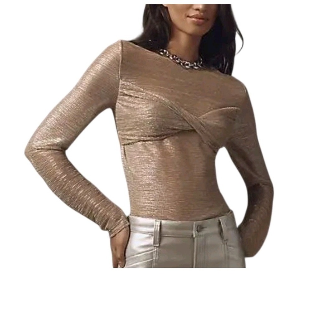 Anthropologie Metallic Twist Front Long Sleeve Top Blouse Shirt Gold XL